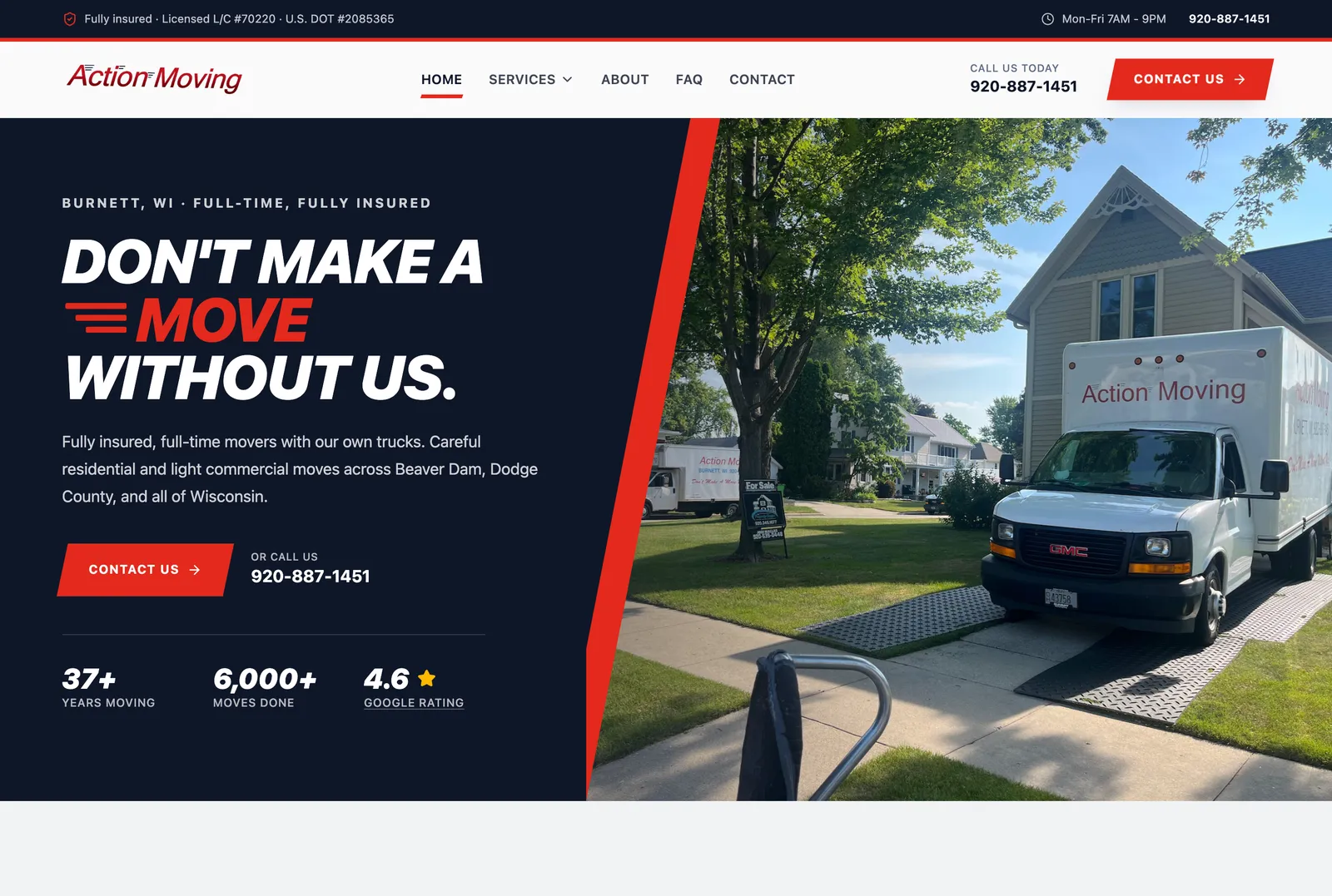 Action Moving’s website, with a clear moving-service headline and visible contact options