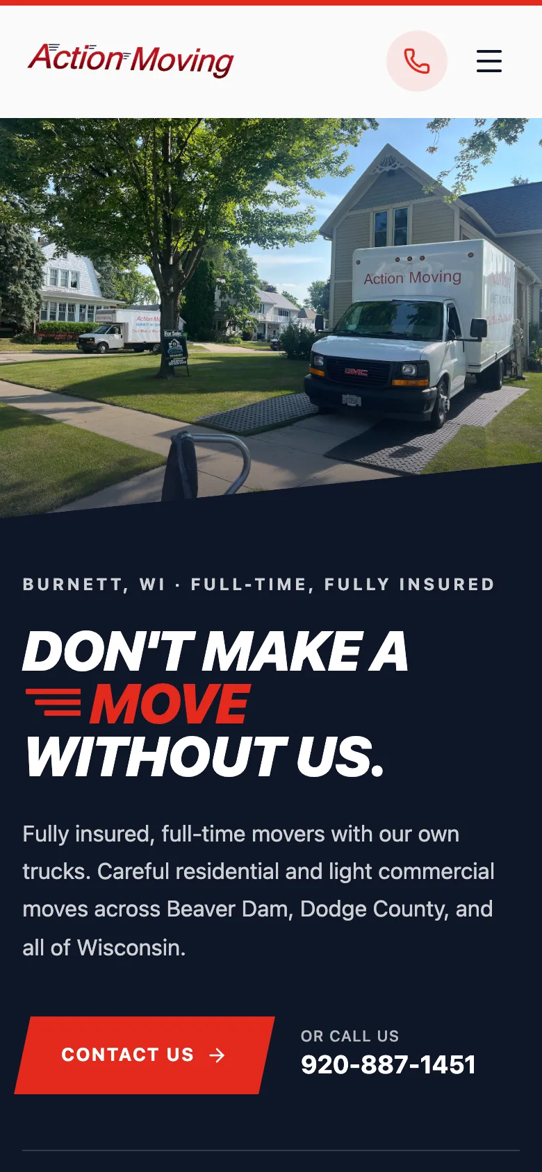 Action Moving’s website on a phone
