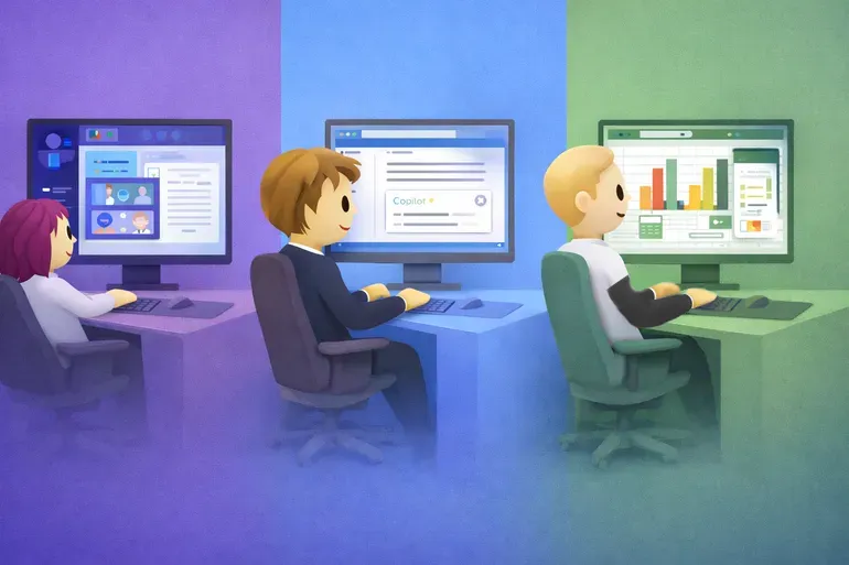 Team using Microsoft 365 apps with AI assistance