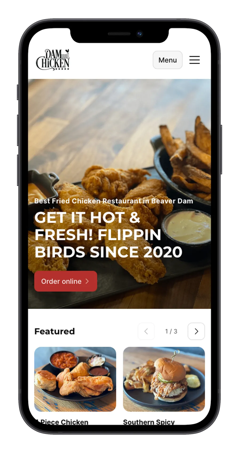 Dam Chicken website mobile view