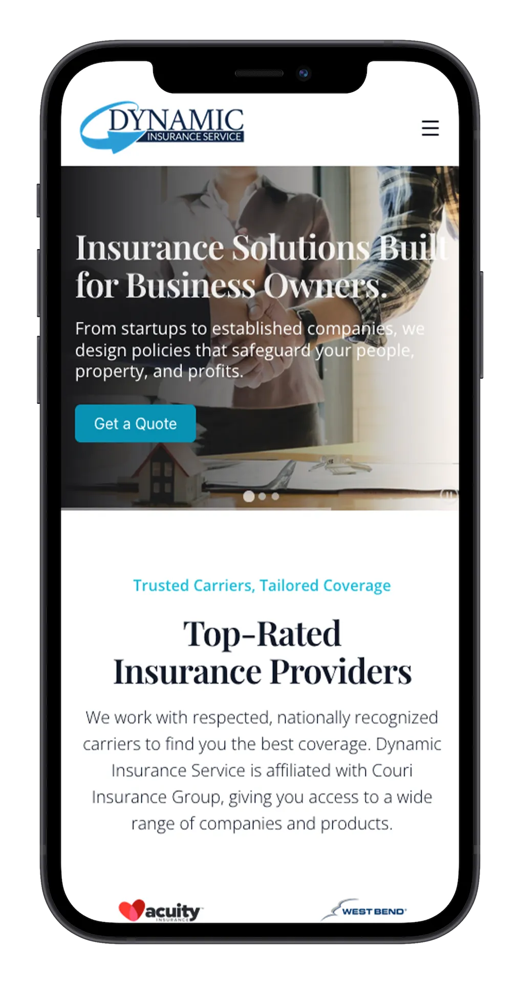 Dynamic Insurance Services website mobile view