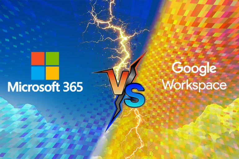 Side-by-side comparison of Microsoft 365 and Google Workspace logos on a laptop screen