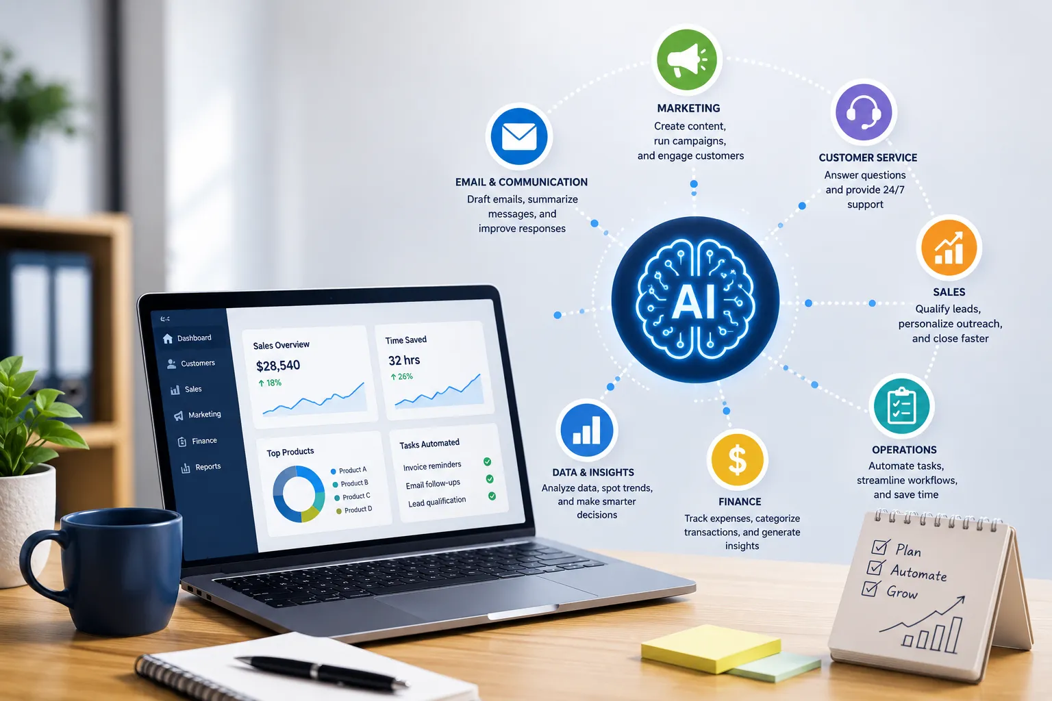 Small business owner reviewing AI tools on a laptop in an office setting
