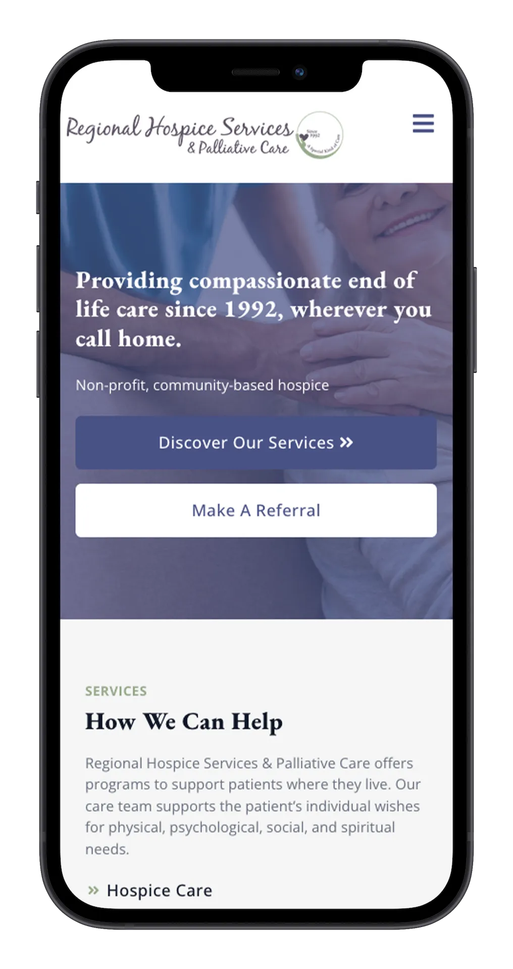 Regional Hospice website mobile view